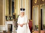 Britain's Queen Camilla is pictured in The Green Drawing Room of Buckingham Palace, London.