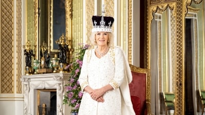 Britain's Queen Camilla is pictured in The Green Drawing Room of Buckingham Palace, London. (Reuters)