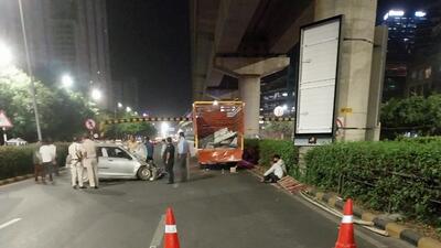 Gurugram, India-May 17, 2023: A Maruti Swift car hit a truck on Golf Course Road near Magnolias condominium, a worker died in this accident on Monday Night, in Gurugram, India, on Wednesday, 17 May 2023. (Photo/HT)(Pic to go with Debashish Karmakar's story)