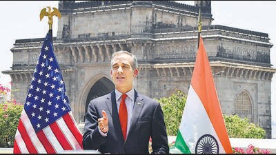 Mumbai, India – May 17, 2023: United States Ambassador to India Eric Garcetti addresses the media at, Taj Mahal Hotel, Colaba, in Mumbai, India, on Wednesday, May 17, 2023. (Photo by Bhushan Koyande/HT Photo) Mumbai, India – May 17, 2023: United States Ambassador to India Eric Garcetti addresses the media at, Taj Mahal Hotel, Colaba, in Mumbai, India, on Wednesday, May 17, 2023. (Photo by Bhushan Koyande/HT Photo)