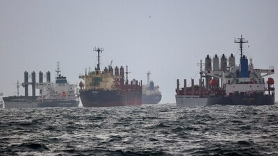 Vessels are seen as they wait for inspection under United Nation's Black Sea Grain Initiative in the southern anchorage of the Bosphorus in Istanbul, Turkey. (Reuters/File)