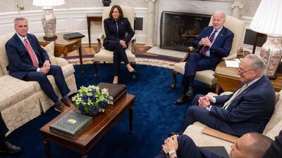 US president Joe Biden (C) speaks during a meeting on the debt limit with (L-R) US House Speaker Kevin McCarthy, US Vice President Kamala Harris, Senate Majority Leader Chuck Schumer and House Minority Leader Hakeem Jeffries. (AFP) US president Joe Biden (C) speaks during a meeting on the debt limit with (L-R) US House Speaker Kevin McCarthy, US Vice President Kamala Harris, Senate Majority Leader Chuck Schumer and House Minority Leader Hakeem Jeffries. (AFP)