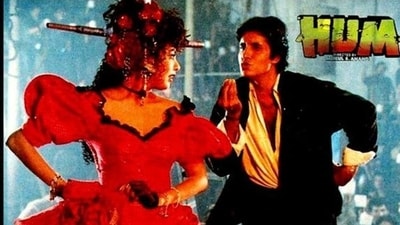 Amitabh Bachchan in a still from Hum song, Jumma Chumma. Amitabh Bachchan in a still from Hum song, Jumma Chumma.