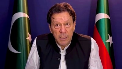 Former prime minister of Pakistan and Pakistan Tehreek-e-Insaf chief Imran Khan virtually addresses people of the nation, on Monday. (PTI)