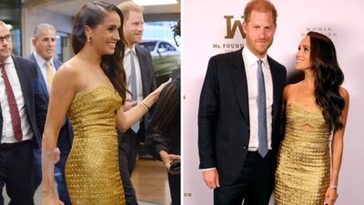 Meghan Markle arrived in a strapless gold gown at the event on Tuesday. Prince Harry also joined her. Meghan Markle arrived in a strapless gold gown at the event on Tuesday. Prince Harry also joined her.