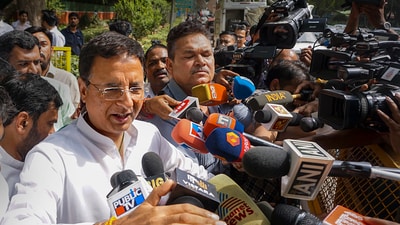 Senior Congress leader Randeep Surjewala addresses the media gathered outside the residence of party President Mallikarjun Kharge, in New Delhi, Wednesday, May 17, 2023. (PTI) Senior Congress leader Randeep Surjewala addresses the media gathered outside the residence of party President Mallikarjun Kharge, in New Delhi, Wednesday, May 17, 2023. (PTI)