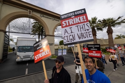 People picket outside of Paramount Pictures studios during the Hollywood writers strike on May 4, 2023 in Los Angeles, California. Scripted TV series, late-night talk shows, film and streaming productions are being interrupted by the Writers Guild of America (WGA) strike. (Getty Images via AFP) People picket outside of Paramount Pictures studios during the Hollywood writers strike on May 4, 2023 in Los Angeles, California. Scripted TV series, late-night talk shows, film and streaming productions are being interrupted by the Writers Guild of America (WGA) strike. (Getty Images via AFP)
