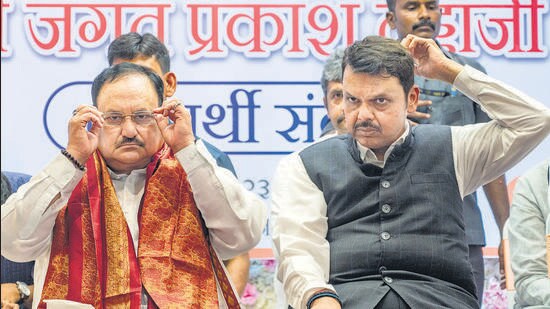 Addressing booth-level party workers at Kandivli, J P Nadda said, “The two-and-a-half-year term of the MVA government was full of corruption and inefficiency. The Shinde-Fadnavis government has brought the growth engine back to the state. The next mayor of Mumbai will be from the BJP. We must all contribute with all our might to achieve this.” (Satish Bate/Hindustan Times)