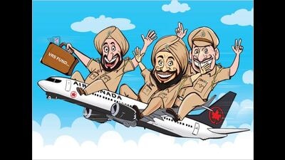 According to data sourced from the Punjab Police headquarters, on an average, 40 personnel opt for early retirement in a year. This trend is not restricted to junior officers. In five years, six deputy superintendents of police and four superintendents of police have opted for VRS to go abroad. (Illustration: Biswajit Debnath/ht)
