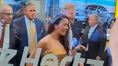 In this image from video, Prince Harry and his wife Meghan Markle exit Manhattan’s Ziegfeld Ballroom. (AP) In this image from video, Prince Harry and his wife Meghan Markle exit Manhattan’s Ziegfeld Ballroom. (AP)