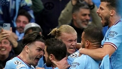 Manchester City's Bernardo Silva, second left, celebrates scoring with teammates during the Champions League semi-final second leg match (AP) Manchester City's Bernardo Silva, second left, celebrates scoring with teammates during the Champions League semi-final second leg match (AP)