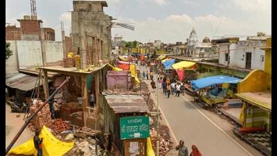 Buildings on the road leading to Hanuman Garhi being demolished for widening of the road, in Ayodhya in August, 2022. (File Photo)