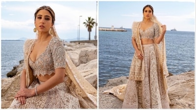 On the first day of the Cannes International Film Festival 2023, Sara Ali Khan donned an exquisite hand-embroidered ivory lehenga set created by the same designer duo. (Instagram/@saralikhan95) On the first day of the Cannes International Film Festival 2023, Sara Ali Khan donned an exquisite hand-embroidered ivory lehenga set created by the same designer duo. (Instagram/@saralikhan95)