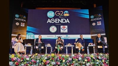 From left: Ambassador of the delegation of EU to India Ugo Astuto; director general at the Centre for Science and Environment Sunita Narain; CEO of CEEW Dr Arunabha Ghosh; and CEO of ReNew Sumant Sinha, at the HT G20 Agenda in New Delhi on Thursday. (Sanchit Khanna/HT) From left: Ambassador of the delegation of EU to India Ugo Astuto; director general at the Centre for Science and Environment Sunita Narain; CEO of CEEW Dr Arunabha Ghosh; and CEO of ReNew Sumant Sinha, at the HT G20 Agenda in New Delhi on Thursday. (Sanchit Khanna/HT)