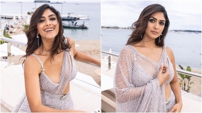 Mrunal Thakur at Cannes Day 2 feels like Desi Girl in net saree and bralette. (Instagram) Mrunal Thakur at Cannes Day 2 feels like Desi Girl in net saree and bralette. (Instagram)