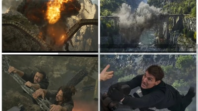 Shah Rukh Khan's action-packed Pathaan scenes (on left) and Tom Cruise in Mission Impossible Dead Reckoning Part One (right). Shah Rukh Khan's action-packed Pathaan scenes (on left) and Tom Cruise in Mission Impossible Dead Reckoning Part One (right).