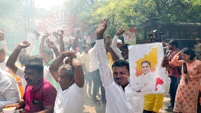 Supporters celebrate as Siddaramaiah declared as new CM and Shivakumar his deputy (PTI) Supporters celebrate as Siddaramaiah declared as new CM and Shivakumar his deputy (PTI)