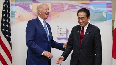 US President Joe Biden (left) reacts as he meets with Japan’s Prime Minister Fumio Kishida in Hiroshima, Japan, on Thursday, ahead of the start of the G7 Summit. (AP) US President Joe Biden (left) reacts as he meets with Japan’s Prime Minister Fumio Kishida in Hiroshima, Japan, on Thursday, ahead of the start of the G7 Summit. (AP)