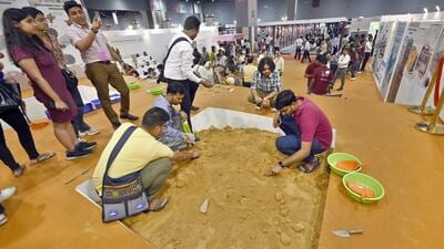 Visitors at an ASI stall during the International Museum Expo 2023 at Pragati Maidan, in New Delhi on Thursday. (Sanjeev Verma/HT)