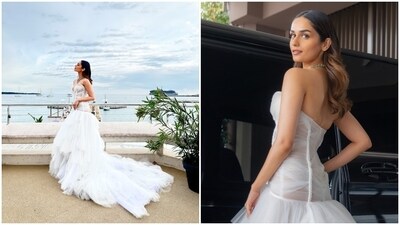Miss World 2017 and actor Manushi Chhillar made an appearance on the red carpet at Cannes Film Festival 2023 on Tuesday. She wore a stunning white gown for her debut appearance. (Manushi Chhillar) Miss World 2017 and actor Manushi Chhillar made an appearance on the red carpet at Cannes Film Festival 2023 on Tuesday. She wore a stunning white gown for her debut appearance. (Manushi Chhillar)