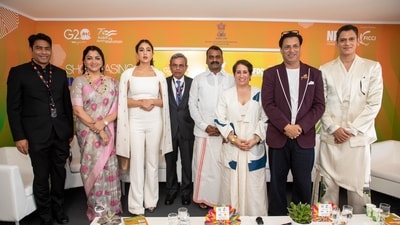 Khushbu Sundar, Sara Ali Khan, Guneet Monga, Madhur Bhandarkar and Vijay Varma join Minister of State for Information and Broadcasting L Murugan at the inauguration of India pavilion at Cannes Film Festival. Khushbu Sundar, Sara Ali Khan, Guneet Monga, Madhur Bhandarkar and Vijay Varma join Minister of State for Information and Broadcasting L Murugan at the inauguration of India pavilion at Cannes Film Festival.