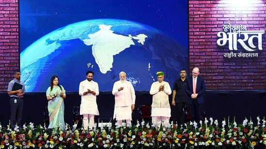 Prime Minister Narendra Modi inaugurates International Museum Expo 2023 at Pragati Maidan in New Delhi on Thursday. Union Ministers Arjun Ram Meghwal, G. Kishan Reddy and Meenakshi Lekhi are also seen. (ANI)