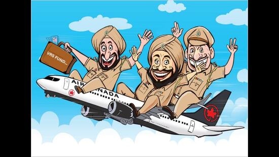 According to data sourced from the Punjab Police headquarters, on an average, 40 personnel opt for early retirement in a year. This trend is not restricted to junior officers. In five years, six deputy superintendents of police and four superintendents of police have opted for VRS to go abroad. (Illustration: Biswajit Debnath/ht)