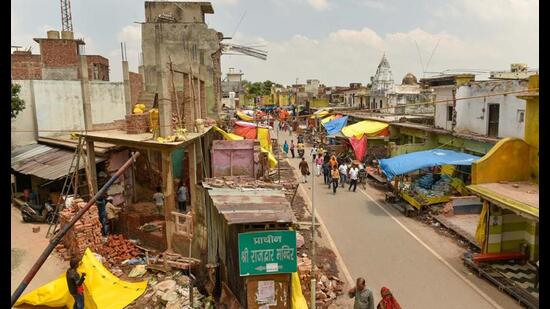 Buildings on the road leading to Hanuman Garhi being demolished for widening of the road, in Ayodhya in August, 2022. (File Photo)