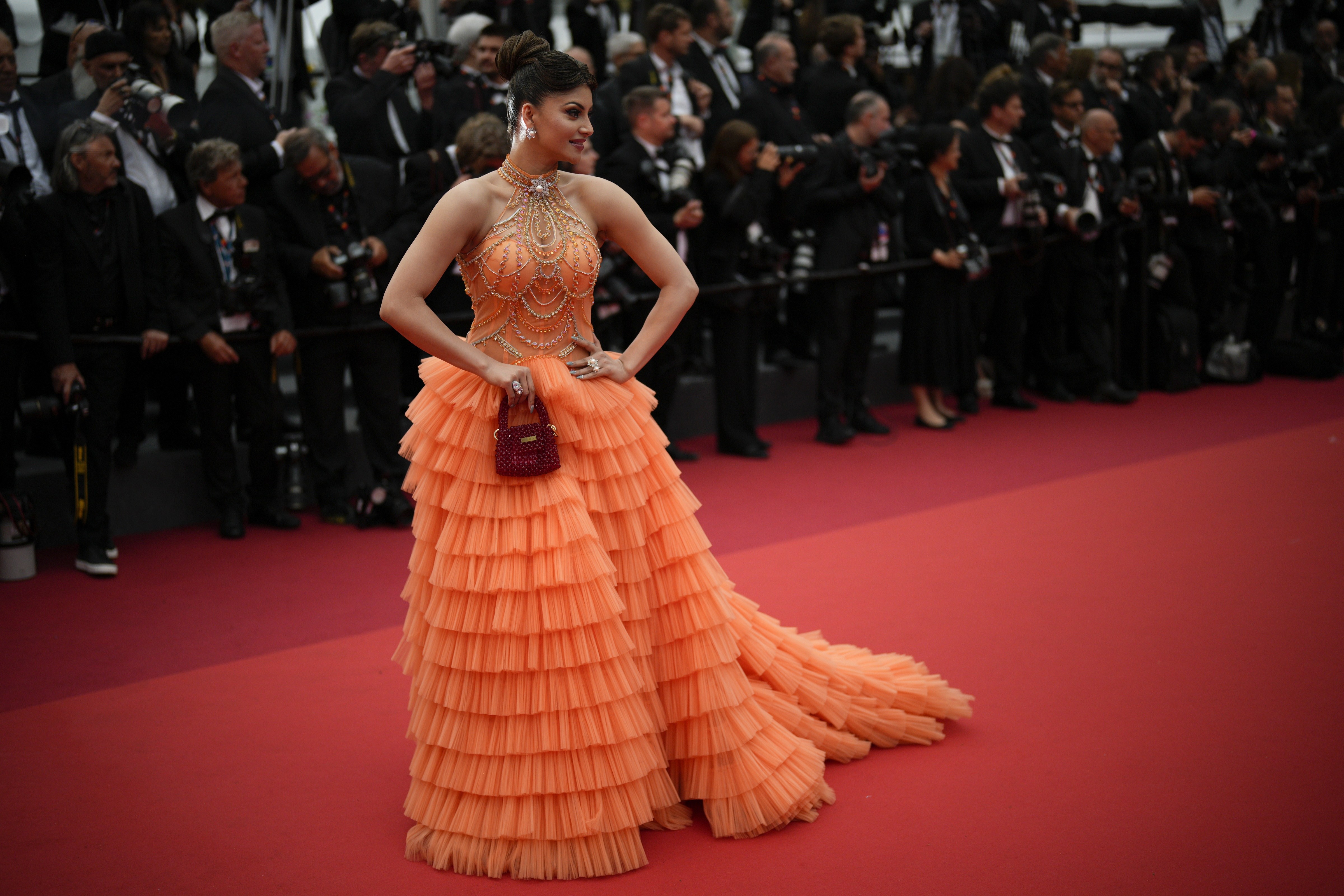 Urvashi Rautela poses for photographers upon arrival at the premiere of the film Monster at the 76th international film festival, Cannes. (AP)