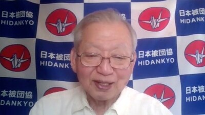 Sueichi Kido, survivor of A-bombing in Nagasaki, and Secretary General of Nihon Hidankyo (Japan Confederation of A-and H-Bomb Sufferers Organizations) speaks during an online interview in Hiroshima, western Japan. (AP) Sueichi Kido, survivor of A-bombing in Nagasaki, and Secretary General of Nihon Hidankyo (Japan Confederation of A-and H-Bomb Sufferers Organizations) speaks during an online interview in Hiroshima, western Japan. (AP)