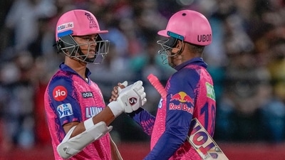 Shimron Hetmyer, right, greets Rajasthan Royals' Yashasvi Jaiswal after he scored fifty runs during the Indian Premier League cricket match (AP) Shimron Hetmyer, right, greets Rajasthan Royals' Yashasvi Jaiswal after he scored fifty runs during the Indian Premier League cricket match (AP)