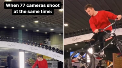The image shows a BMX rider's trick being captured by 77 cameras. (Instagram/@ timhofel) The image shows a BMX rider's trick being captured by 77 cameras. (Instagram/@ timhofel)