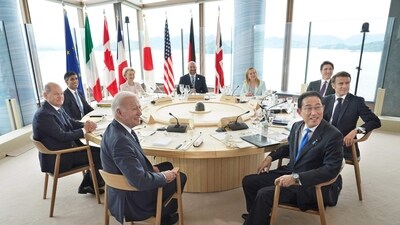 (Clockwise L to R) US President Joe Biden, Germany's Chancellor Olaf Scholz, Britain's Prime Minister Rishi Sunak, European Commission President Ursula von der Leyen, European Council President Charles Michel, Italy's Prime Minister Giorgia Meloni, Canada's Prime Minister Justin Trudeau, France's President Emmanuel Macron and Japan's Prime Minister Fumio Kishida attend a working lunch meeting at the start of the G7 Leaders' Summit in Hiroshima. (AFP)