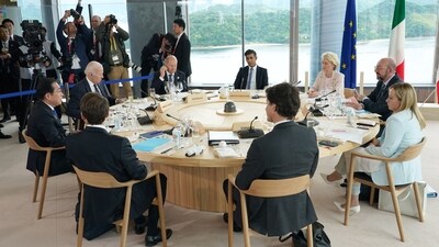 (Clockwise L to R) France's President Emmanuel Macron, Japan's Prime Minister Fumio Kishida, US President Joe Biden, Germany's Chancellor Olaf Scholz, Britain's Prime Minister Rishi Sunak, European Commission President Ursula von der Leyen, European Council President Charles Michel, Italy's Prime Minister Giorgia Meloni and Canada's Prime Minister Justin Trudeau attend a working lunch meeting at the start of the G7 Leaders' Summit in Hiroshima on May 19, 2023. (AFP) (Clockwise L to R) France's President Emmanuel Macron, Japan's Prime Minister Fumio Kishida, US President Joe Biden, Germany's Chancellor Olaf Scholz, Britain's Prime Minister Rishi Sunak, European Commission President Ursula von der Leyen, European Council President Charles Michel, Italy's Prime Minister Giorgia Meloni and Canada's Prime Minister Justin Trudeau attend a working lunch meeting at the start of the G7 Leaders' Summit in Hiroshima on May 19, 2023. (AFP)