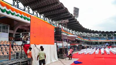 Preparations underway in Bengaluru’s Kanteerava stadium for oath-taking ceremony on Saturday (PTI)