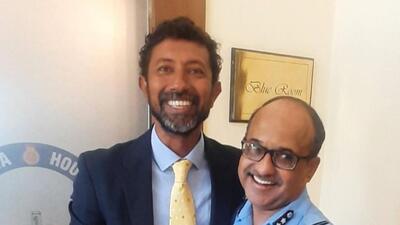 Tomy with Air Vice Marshal MS Sridhar, the military doctor who fixed his back after he suffered a serious spinal injury. (HT Photo) Tomy with Air Vice Marshal MS Sridhar, the military doctor who fixed his back after he suffered a serious spinal injury. (HT Photo)