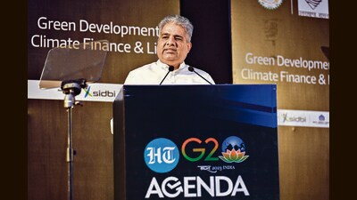 Union minister Bhupender Yadav at the HT G20 Agenda, in New Delhi on Thursday. (Raj K Raj/HT photo) Union minister Bhupender Yadav at the HT G20 Agenda, in New Delhi on Thursday. (Raj K Raj/HT photo)