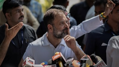 Senior Congress leader Rahul Gandhi gestures as he addresses the media at the party headquarters, in New Delhi, India, May 13, 2023. (Reuters)