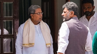Senior Congress leaders Siddaramaiah and DK Shivakumar at the residence of party leader KC Venugopal for a meeting, in New Delhi, Thursday, May 18, 2023. (PTI) Senior Congress leaders Siddaramaiah and DK Shivakumar at the residence of party leader KC Venugopal for a meeting, in New Delhi, Thursday, May 18, 2023. (PTI)