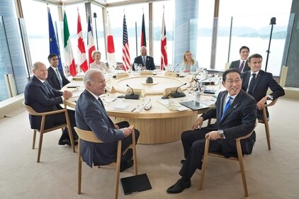 (Clockwise L to R) US President Joe Biden, Germany's Chancellor Olaf Scholz, Britain's Prime Minister Rishi Sunak, European Commission President Ursula von der Leyen, European Council President Charles Michel, Italy's Prime Minister Giorgia Meloni, Canada's Prime Minister Justin Trudeau, France's President Emmanuel Macron and Japan's Prime Minister Fumio Kishida attend a working lunch meeting at the start of the G7 Leaders' Summit in Hiroshima on May 19, 2023. (Photo by JAPAN POOL / JIJI PRESS / AFP) / Japan OUT (AFP) (Clockwise L to R) US President Joe Biden, Germany's Chancellor Olaf Scholz, Britain's Prime Minister Rishi Sunak, European Commission President Ursula von der Leyen, European Council President Charles Michel, Italy's Prime Minister Giorgia Meloni, Canada's Prime Minister Justin Trudeau, France's President Emmanuel Macron and Japan's Prime Minister Fumio Kishida attend a working lunch meeting at the start of the G7 Leaders' Summit in Hiroshima on May 19, 2023. (Photo by JAPAN POOL / JIJI PRESS / AFP) / Japan OUT (AFP)
