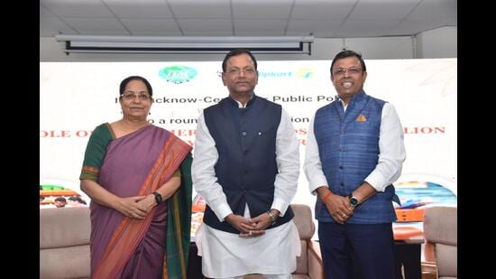 Director of IIM Lucknow Prof Archana Shukla with Union minister of state for finance Pankaj Chaudhary (right) during a discussion on ecommerce’s role in the economic empowerment of the state, in Lucknow on Friday. (Sourced)