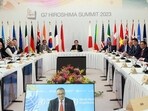 Japanese Prime Minister Fumia Kishida with eight invited countries and seven invited organizations during the G7 Summit in Hiroshima, Japan on Saturday. 