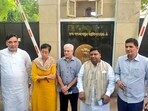 Delhi Ministers Gopal Rai, Atishi Marlena, Kailash Gahlot, Imran Hussain and Saurabh Bhardwaj wait outside the residence of Lt. Governor V.K. Saxena. Delhi Ministers Gopal Rai, Atishi Marlena, Kailash Gahlot, Imran Hussain and Saurabh Bhardwaj wait outside the residence of Lt. Governor V.K. Saxena.