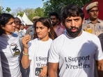 Wrestlers Vinesh Phogat, Bajrang Punia and Sakshi Malik outside Arun Jaitley Stadium during the IPL 2023 cricket match between Delhi Capitals and Chennai Super Kings. Wrestlers Vinesh Phogat, Bajrang Punia and Sakshi Malik outside Arun Jaitley Stadium during the IPL 2023 cricket match between Delhi Capitals and Chennai Super Kings.