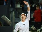 Kazakhstan's Elena Rybakina celebrates after defeating Jelena Ostapenko during their semifinals match of the Women's WTA Rome Open tennis tournament on May 19, 2023 at Foro Italico in Rome. 