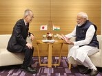 PM Narendra Modi meets Japanese author Tomio Mizokami in Hiroshima Saturday.