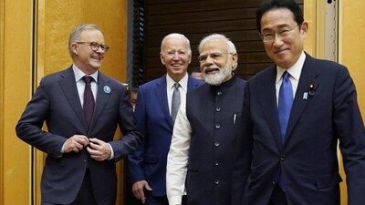 Australian PM Anthony Albanese, US President Joe Biden and Indian PM Narendra Modi are greeted by Japanese PM Fumio Kishida (right), during their arrival to the Quad leaders summit. (HT_PRINT) Australian PM Anthony Albanese, US President Joe Biden and Indian PM Narendra Modi are greeted by Japanese PM Fumio Kishida (right), during their arrival to the Quad leaders summit. (HT_PRINT)