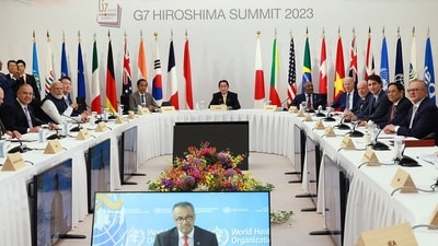 Japanese Prime Minister Fumia Kishida with eight invited countries and seven invited organizations during the G7 Summit in Hiroshima, Japan on Saturday. (Mofa Japan twitter) Japanese Prime Minister Fumia Kishida with eight invited countries and seven invited organizations during the G7 Summit in Hiroshima, Japan on Saturday. (Mofa Japan twitter)