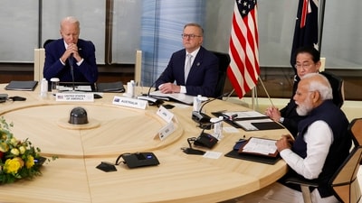 U.S. President Joe Biden, left, Australia's Prime Minister Anthony Albanese, second left, Japan's Prime Minister Fumio Kishida, third left, and India's Prime Minister Narendra Modi hold a Quad meeting on the sidelines of the G7 summit, at the Grand Prince Hotel in Hiroshima, western Japan, Saturday. (AP) U.S. President Joe Biden, left, Australia's Prime Minister Anthony Albanese, second left, Japan's Prime Minister Fumio Kishida, third left, and India's Prime Minister Narendra Modi hold a Quad meeting on the sidelines of the G7 summit, at the Grand Prince Hotel in Hiroshima, western Japan, Saturday. (AP)