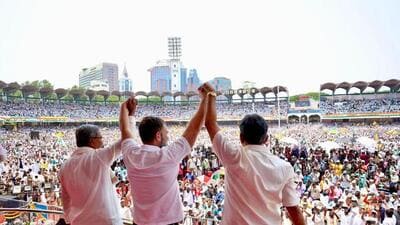 Congress leader Rahul Gandhi, chief minister Siddaramaiah and deputy chief minister DK Shivakumar during the swearing-in ceremony of the Karnataka government, at Sree Kanteerava Stadium in Bengaluru on Saturday. (ANI)